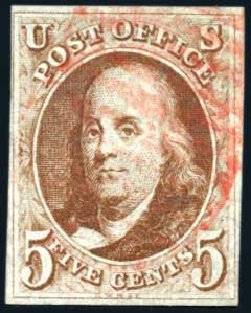 US Stamp Prices Scott #1: 5c 1847 Franklin. Harmer-Schau Auction Galleries, Feb 2009, Sale 80, Lot 1073