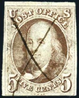 Values of US Stamp Scott Catalogue #1 - 1847 5c Franklin. Harmer-Schau Auction Galleries, Oct 2009, Sale 83, Lot 263