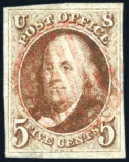 US Stamp Prices Scott Catalog 1: 5c 1847 Franklin. Harmer-Schau Auction Galleries, Feb 2010, Sale 84, Lot 1213