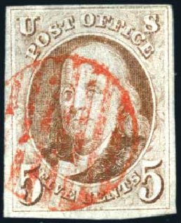 US Stamp Prices Scott Catalog # 1: 5c 1847 Franklin. Harmer-Schau Auction Galleries, Jul 2010, Sale 86, Lot 313