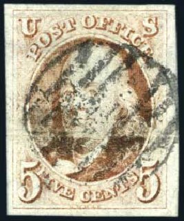US Stamp Values Scott Catalog # 1 - 5c 1847 Franklin. Harmer-Schau Auction Galleries, Aug 2011, Sale 90, Lot 1033