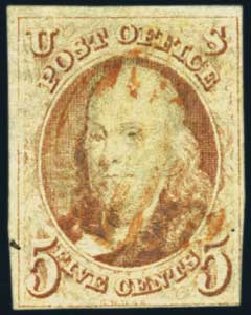 Values of US Stamp Scott Catalogue # 1: 5c 1847 Franklin. Harmer-Schau Auction Galleries, May 2012, Sale 93, Lot 233