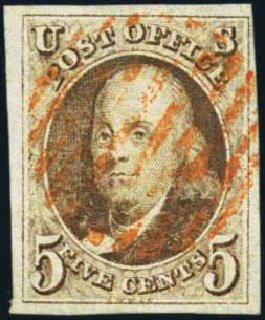 Costs of US Stamp Scott Cat. # 1 - 1847 5c Franklin. Harmer-Schau Auction Galleries, Aug 2012, Sale 94, Lot 963