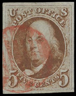 US Stamps Value Scott Catalogue #1 - 1847 5c Franklin. Daniel Kelleher Auctions, Jul 2011, Sale 625, Lot 613
