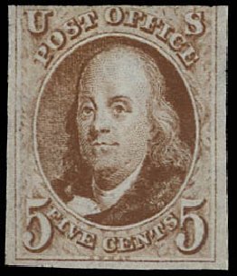 US Stamp Values Scott # 1 - 5c 1847 Franklin. Daniel Kelleher Auctions, Aug 2012, Sale 631, Lot 643