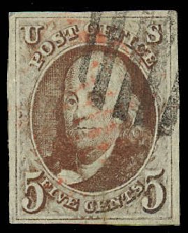 Costs of US Stamps Scott #1 - 1847 5c Franklin. Daniel Kelleher Auctions, Dec 2012, Sale 633, Lot 343
