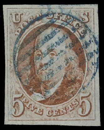 Values of US Stamps Scott #1: 5c 1847 Franklin. Daniel Kelleher Auctions, Feb 2013, Sale 634, Lot 503