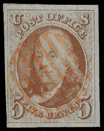 Costs of US Stamps Scott Catalog 1: 5c 1847 Franklin. Daniel Kelleher Auctions, Feb 2013, Sale 634, Lot 513
