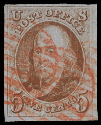 Cost of US Stamps Scott # 1: 1847 5c Franklin. Daniel Kelleher Auctions, Feb 2013, Sale 634, Lot 523