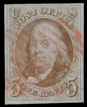 Price of US Stamps Scott Cat. # 1 - 5c 1847 Franklin. Daniel Kelleher Auctions, Feb 2013, Sale 634, Lot 533