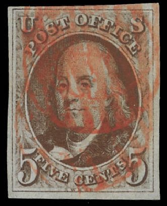US Stamp Value Scott Catalogue #1: 5c 1847 Franklin. Daniel Kelleher Auctions, Feb 2013, Sale 634, Lot 543