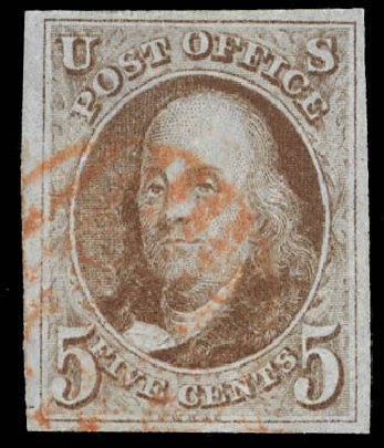 US Stamps Value Scott Catalog #1 - 1847 5c Franklin. Daniel Kelleher Auctions, Feb 2013, Sale 634, Lot 553