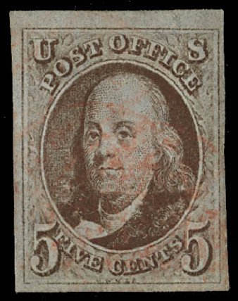 Cost of US Stamps Scott Catalogue #1 - 5c 1847 Franklin. Daniel Kelleher Auctions, Feb 2013, Sale 634, Lot 563