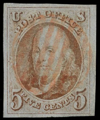 Cost of US Stamp Scott 1: 5c 1847 Franklin. Daniel Kelleher Auctions, Feb 2013, Sale 634, Lot 613