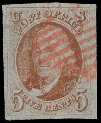 Cost of US Stamps Scott Cat. 1 - 1847 5c Franklin. Daniel Kelleher Auctions, Feb 2013, Sale 634, Lot 623