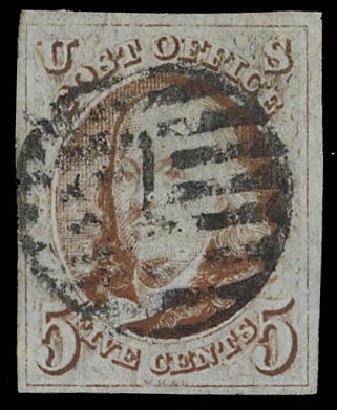 Values of US Stamps Scott Catalogue #1: 1847 5c Franklin. Daniel Kelleher Auctions, Feb 2013, Sale 634, Lot 703