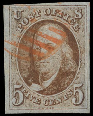 Price of US Stamp Scott Cat. 1 - 1847 5c Franklin. Daniel Kelleher Auctions, Feb 2013, Sale 634, Lot 713