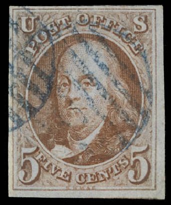 Cost of US Stamp Scott Catalogue #1: 5c 1847 Franklin. Daniel Kelleher Auctions, Feb 2013, Sale 634, Lot 723
