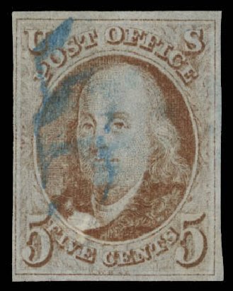 US Stamp Prices Scott Cat. # 1: 1847 5c Franklin. Daniel Kelleher Auctions, Feb 2013, Sale 634, Lot 763