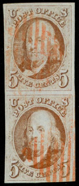 US Stamps Values Scott Cat. 1: 1847 5c Franklin. Daniel Kelleher Auctions, Sep 2013, Sale 639, Lot 3063