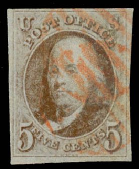 Price of US Stamps Scott Catalogue 1 - 1847 5c Franklin. Daniel Kelleher Auctions, May 2014, Sale 652, Lot 33