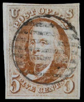 Cost of US Stamp Scott Catalog # 1: 5c 1847 Franklin. Daniel Kelleher Auctions, May 2014, Sale 652, Lot 43
