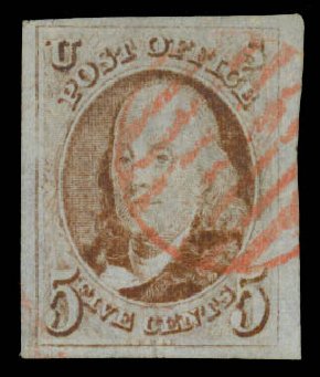 US Stamp Value Scott #1 - 1847 5c Franklin. Daniel Kelleher Auctions, Jan 2015, Sale 663, Lot 1203