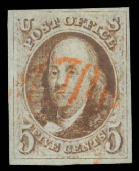 Cost of US Stamps Scott Catalog #1: 5c 1847 Franklin. Daniel Kelleher Auctions, May 2015, Sale 669, Lot 2343