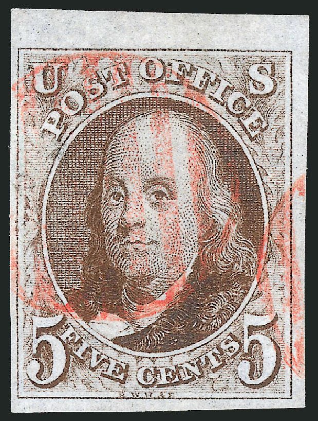 Value of US Stamp Scott Catalog #1 - 1847 5c Franklin. Robert Siegel Auction Galleries, Dec 2011, Sale 1017, Lot 33