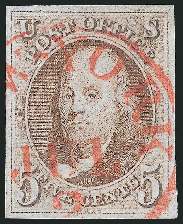Price of US Stamps Scott #1: 5c 1847 Franklin. Robert Siegel Auction Galleries, Apr 2012, Sale 1023, Lot 2173