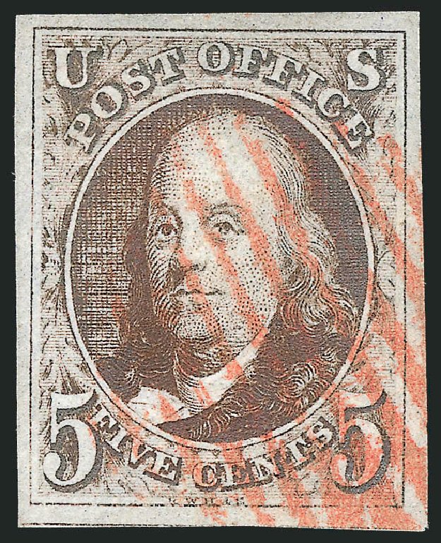 US Stamps Values Scott Catalog 1: 1847 5c Franklin. Robert Siegel Auction Galleries, Dec 2012, Sale 1037, Lot 1353