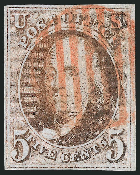 US Stamps Prices Scott Catalog #1: 5c 1847 Franklin. Robert Siegel Auction Galleries, Dec 2012, Sale 1037, Lot 1363