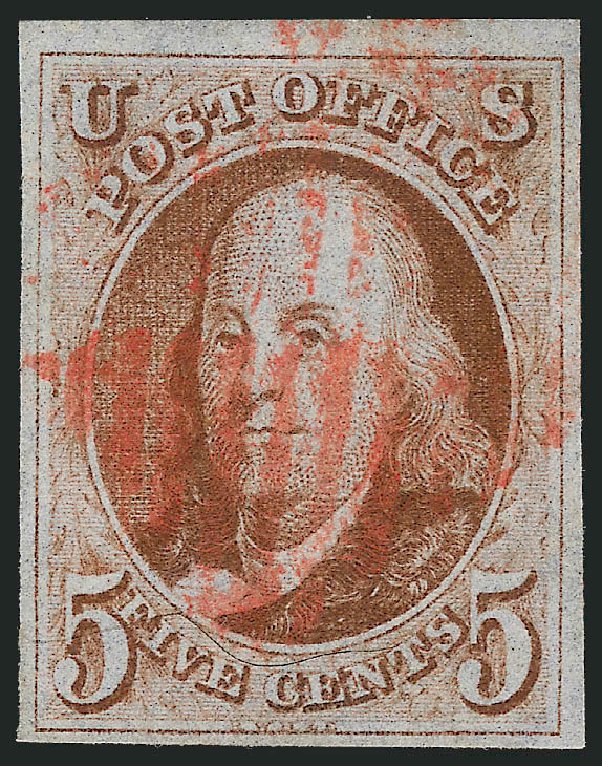 Cost of US Stamps Scott Cat. #1: 5c 1847 Franklin. Robert Siegel Auction Galleries, Jul 2013, Sale 1050, Lot 53