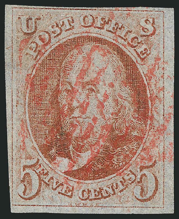 US Stamp Price Scott Catalog #1: 1847 5c Franklin. Robert Siegel Auction Galleries, Jul 2014, Sale 1077, Lot 33