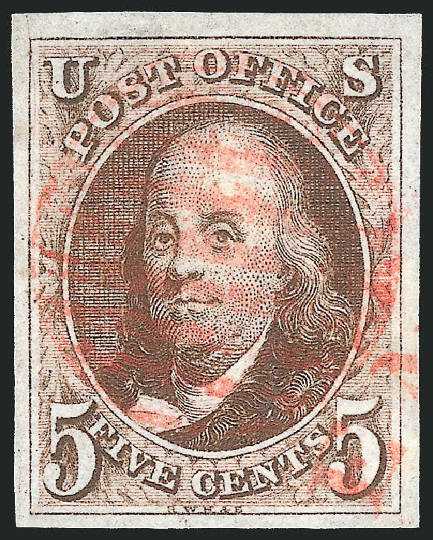 US Stamps Price Scott Catalog 1 - 1847 5c Franklin. Robert Siegel Auction Galleries, Sep 2014, Sale 1078, Lot 23