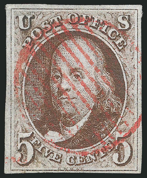 US Stamps Values Scott Catalogue 1: 1847 5c Franklin. Robert Siegel Auction Galleries, Jul 2015, Sale 1107, Lot 13