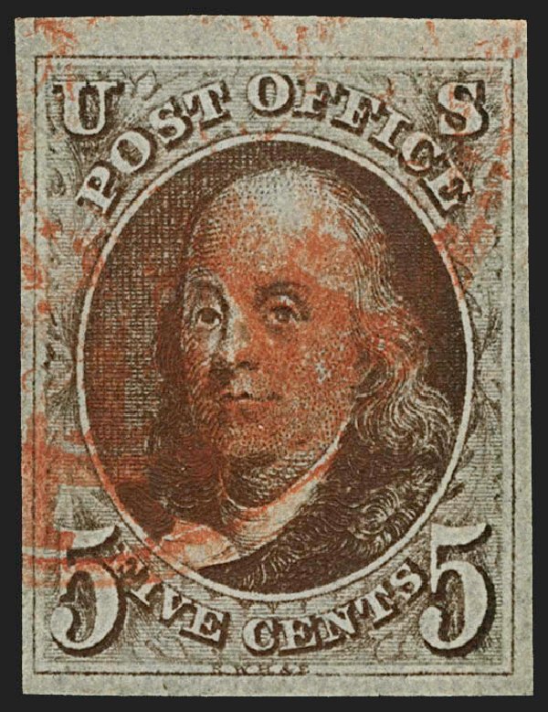 Value of US Stamp Scott Cat. # 1 - 1847 5c Franklin. Robert Siegel Auction Galleries, Jul 2015, Sale 1107, Lot 23