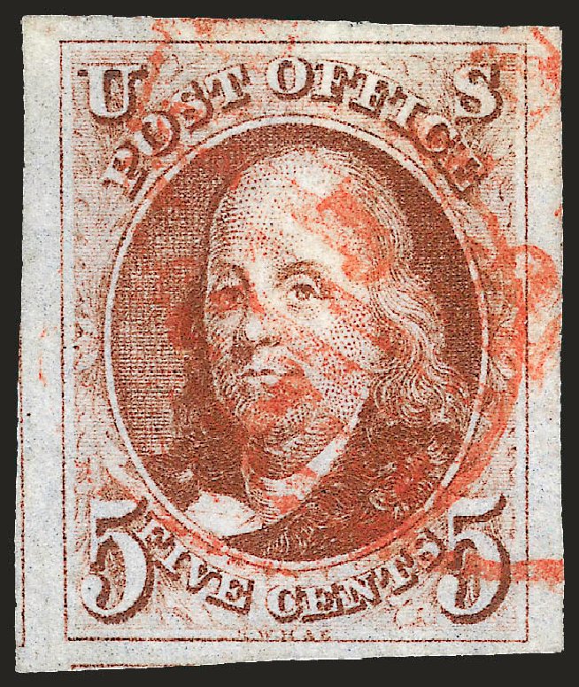Value of US Stamp Scott Cat. 1: 5c 1847 Franklin. Robert Siegel Auction Galleries, Oct 2008, Sale 963, Lot 23