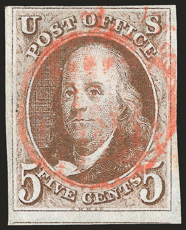 US Stamp Values Scott Cat. #1: 5c 1847 Franklin. Robert Siegel Auction Galleries, Jun 2009, Sale 975, Lot 1073