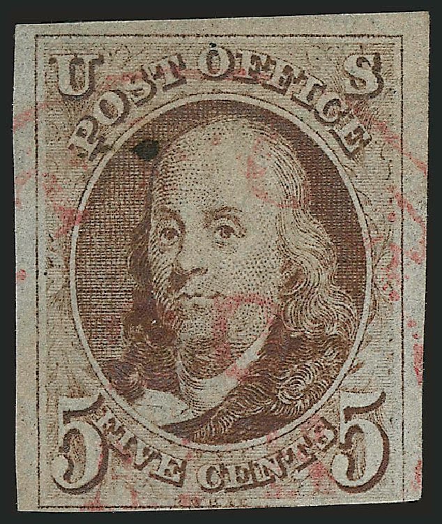 US Stamps Values Scott # 1: 5c 1847 Franklin. Robert Siegel Auction Galleries, Dec 2009, Sale 982, Lot 5013