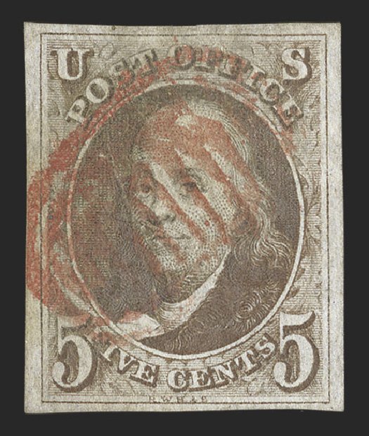 US Stamp Price Scott 1 - 5c 1847 Franklin. Spink Shreves Galleries, Jul 2012, Sale 140, Lot 13