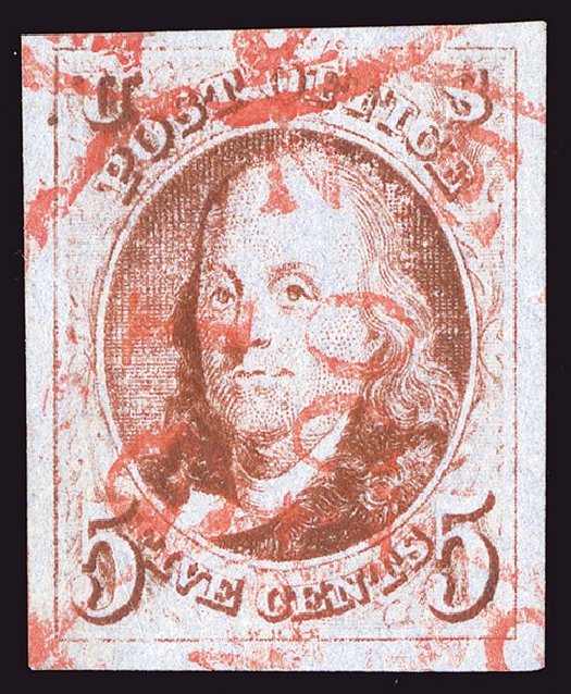 US Stamp Value Scott Catalog #1: 1847 5c Franklin. Spink Shreves Galleries, Jan 2014, Sale 146, Lot 123