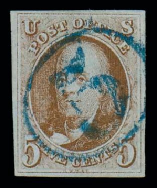 Values of US Stamps Scott 1: 1847 5c Franklin. Matthew Bennett International, Dec 2007, Sale 323, Lot 16