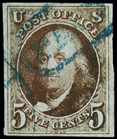 Costs of US Stamp Scott Catalog #1 - 1847 5c Franklin. Matthew Bennett International, Jun 2008, Sale 328, Lot 446