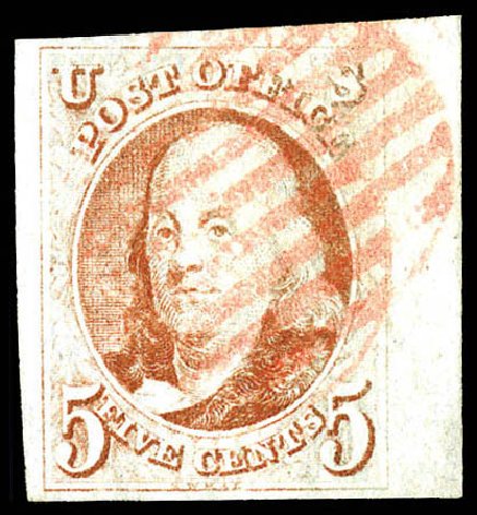 Costs of US Stamps Scott Cat. #1: 1847 5c Franklin. Matthew Bennett International, Dec 2008, Sale 330, Lot 1296