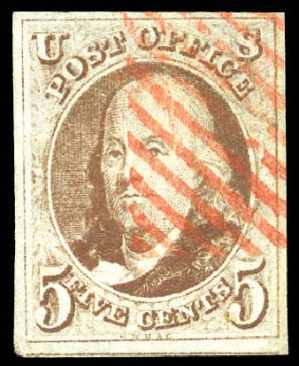 US Stamps Prices Scott Catalog # 1 - 5c 1847 Franklin. Matthew Bennett International, Dec 2008, Sale 330, Lot 1306