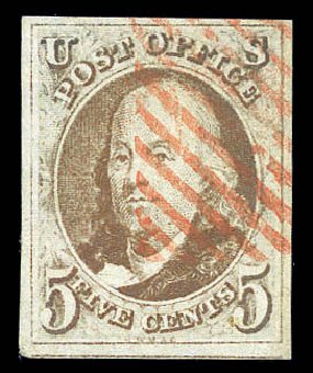 US Stamp Prices Scott 1 - 5c 1847 Franklin. Matthew Bennett International, Sep 2010, Sale 333, Lot 3246