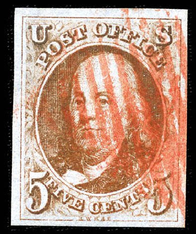 Costs of US Stamps Scott Catalog 1 - 5c 1847 Franklin. Matthew Bennett International, Feb 2012, Sale 340, Lot 26