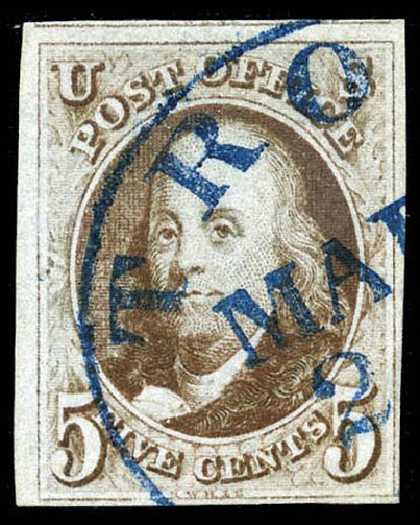 US Stamp Price Scott #1 - 5c 1847 Franklin. Matthew Bennett International, Feb 2012, Sale 340, Lot 36