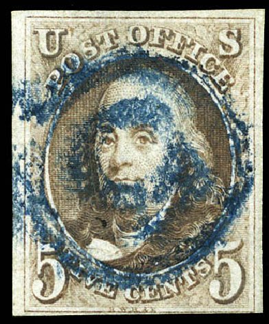 US Stamp Prices Scott Cat. 1 - 1847 5c Franklin. Matthew Bennett International, Mar 2012, Sale 344, Lot 4176